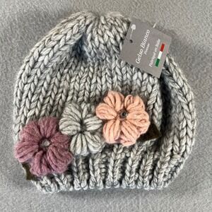 NWT Gelso Bianco Firenze Italy‎ Alpaca Wool Blend Flower Beanie Hat Gray floral